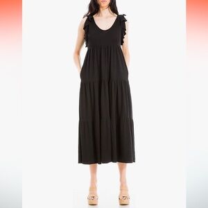 Max Studio Tiered MIDI Dress Womens Size M Flutter Sleeveless Black New 3902S50